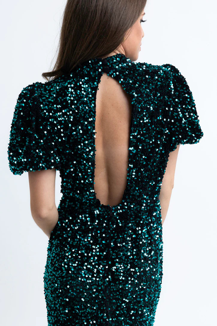 Sequin Puff Sleeve Open Back Dress - Emerald
