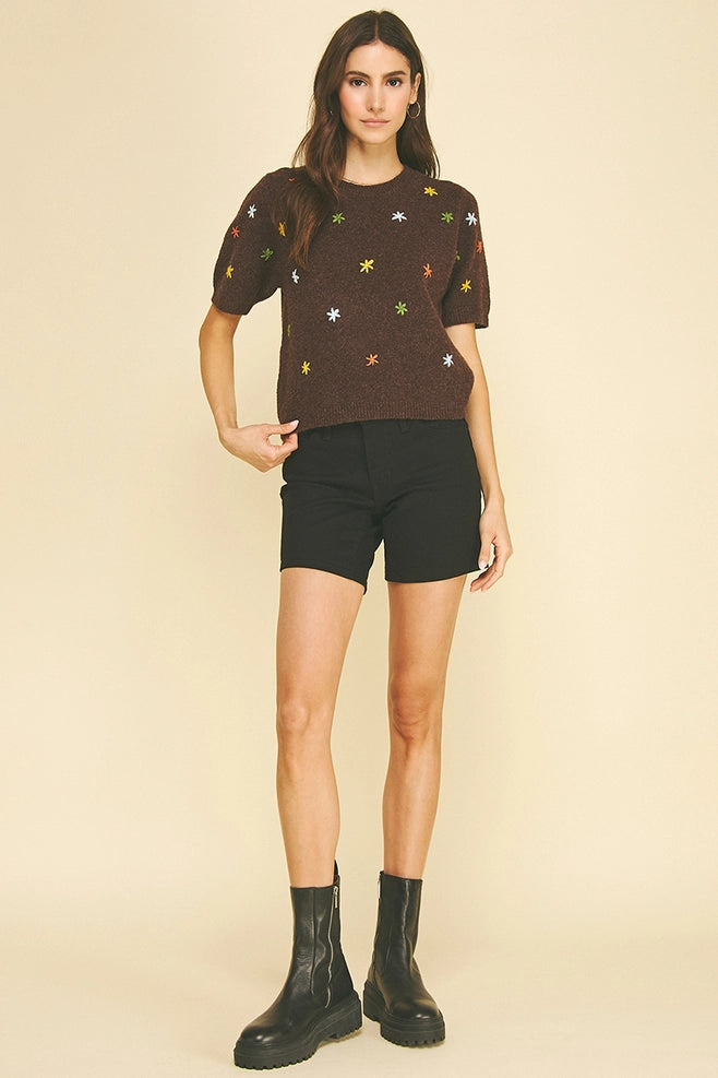 Pinch Floral Embroidered Short Sleeve Sweater