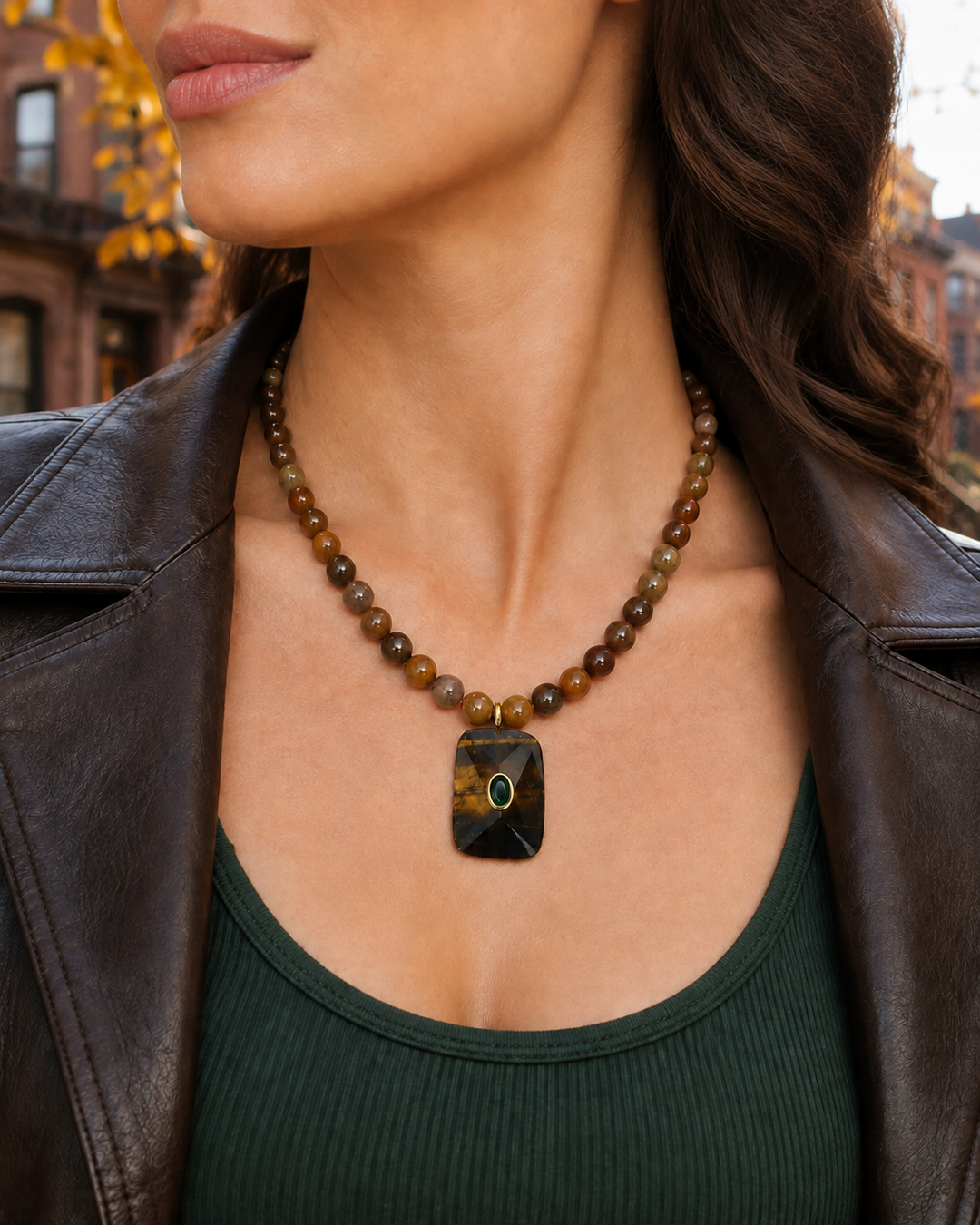 Beaded Tiger’s Eye Pendant Necklace