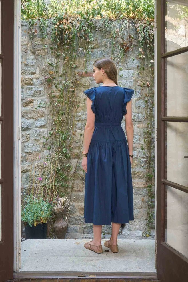Moon River Short Ruffle Sleeve Lace Trim Midi Dress - Capri by Sunset & Co.