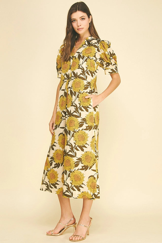 Pinch Golden Sunflower Puff Sleeve Midi Dress