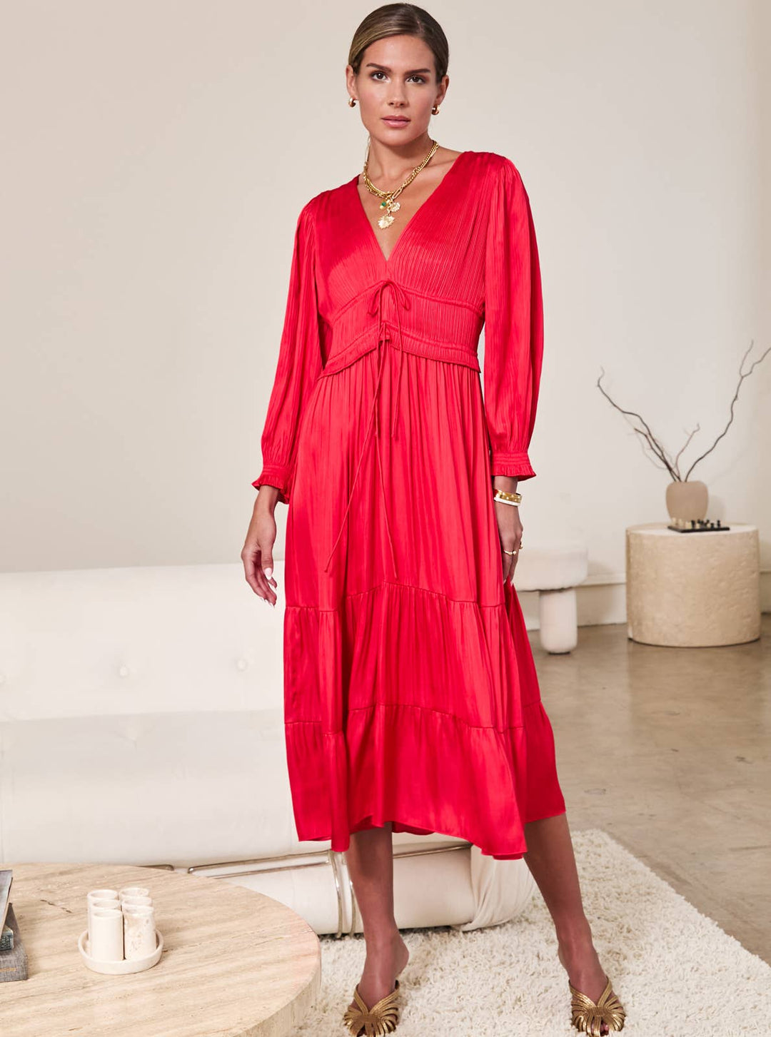 Current Air V - Neck Pleated Tiered Midi Dress - Capri by Sunset & Co.