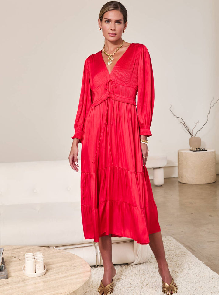 Current Air V - Neck Pleated Tiered Midi Dress - Capri by Sunset & Co.