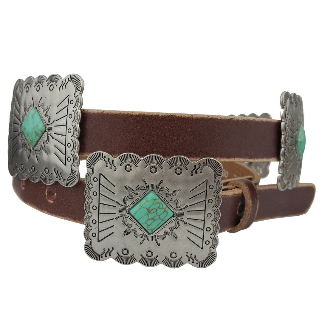 Axesoria West Rectangular Concho Leather Belt - Capri by Sunset & Co.