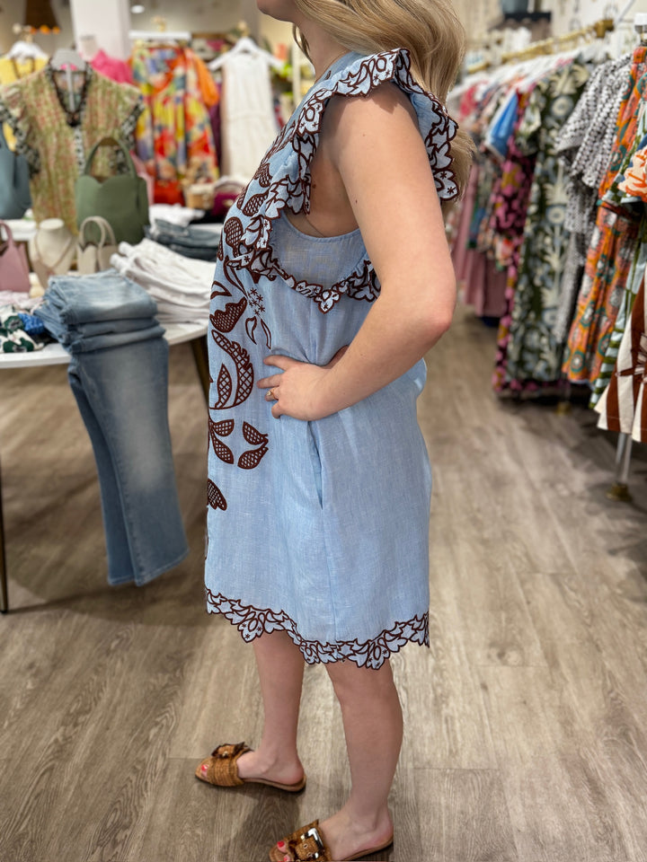 Flutter Sleeve Embroidered Mini Dress - Capri by Sunset & Co.