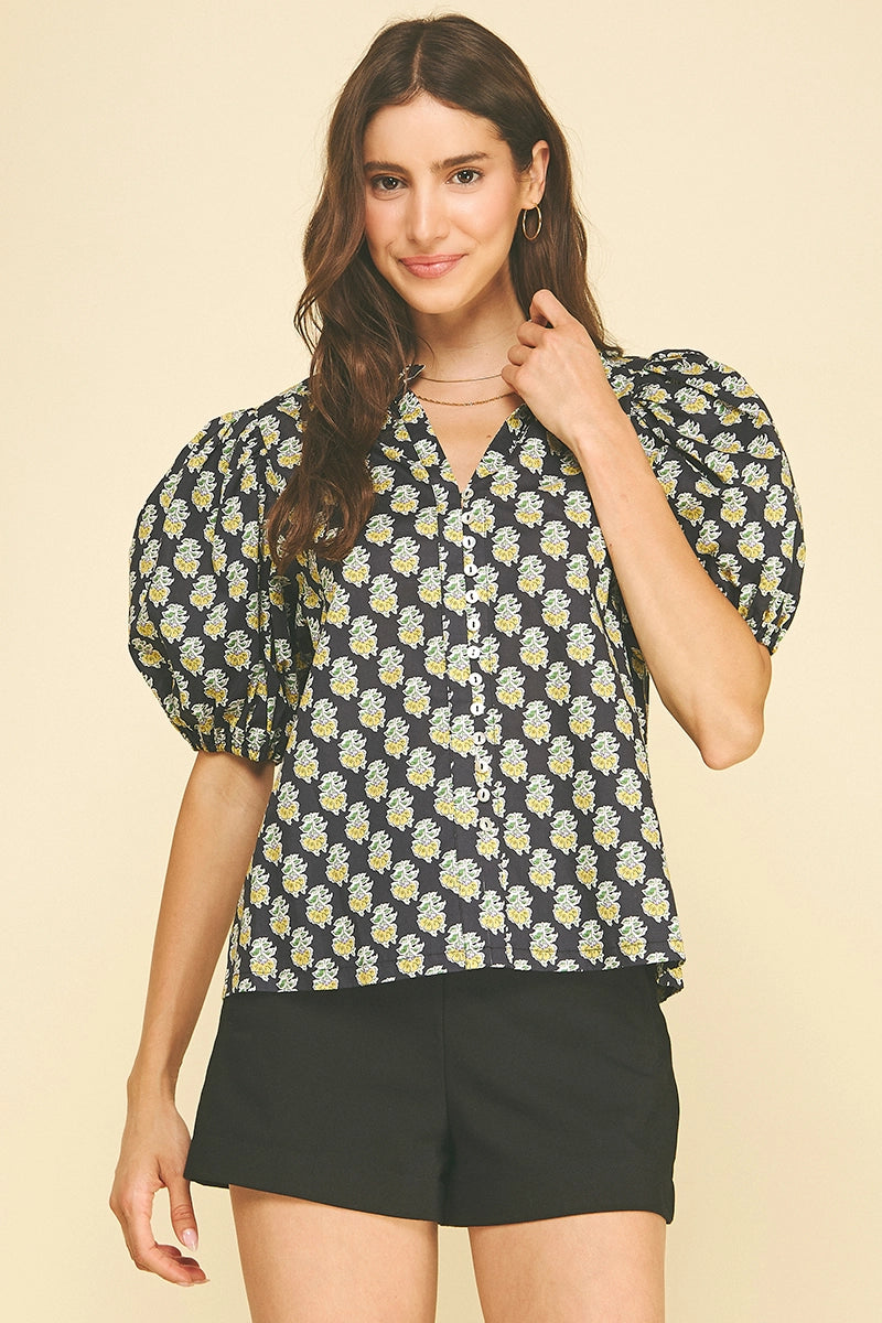 Pinch Floral V - Neck Blouse