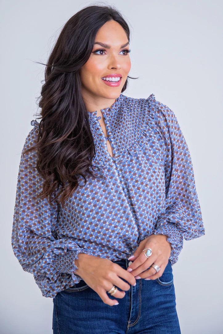 Geometric Smocked Button Top - Blue