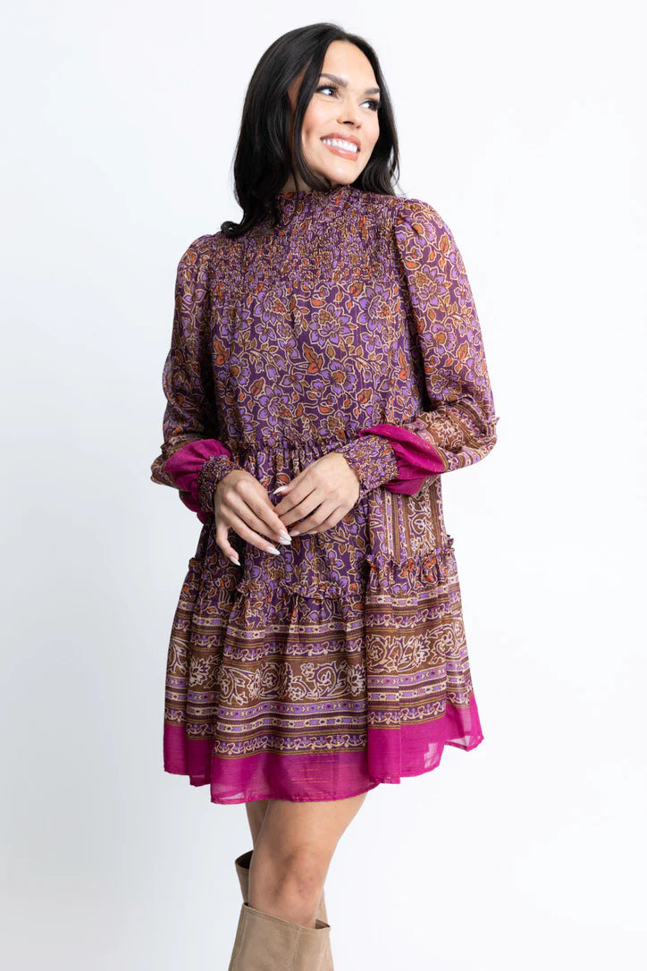 Floral Chiffon Metallic Thread Dress - Purple