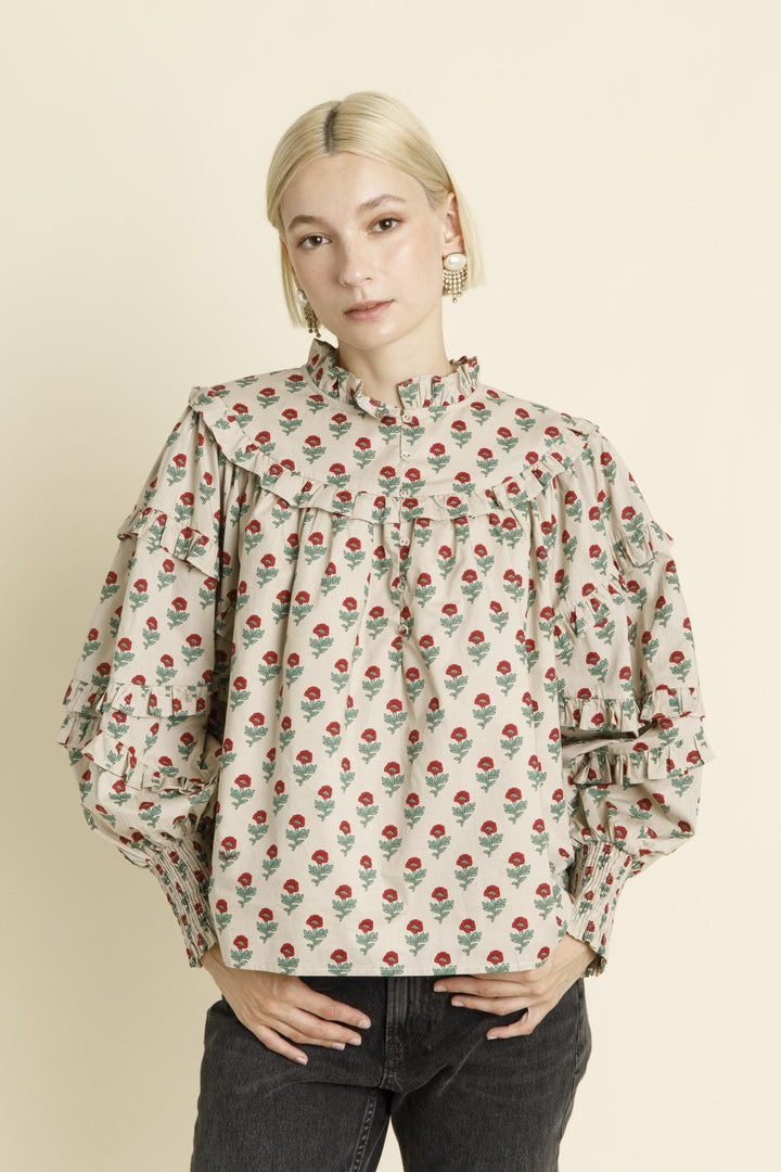 Aureum Ruffled Sleeve Blouse - Capri by Sunset & Co.