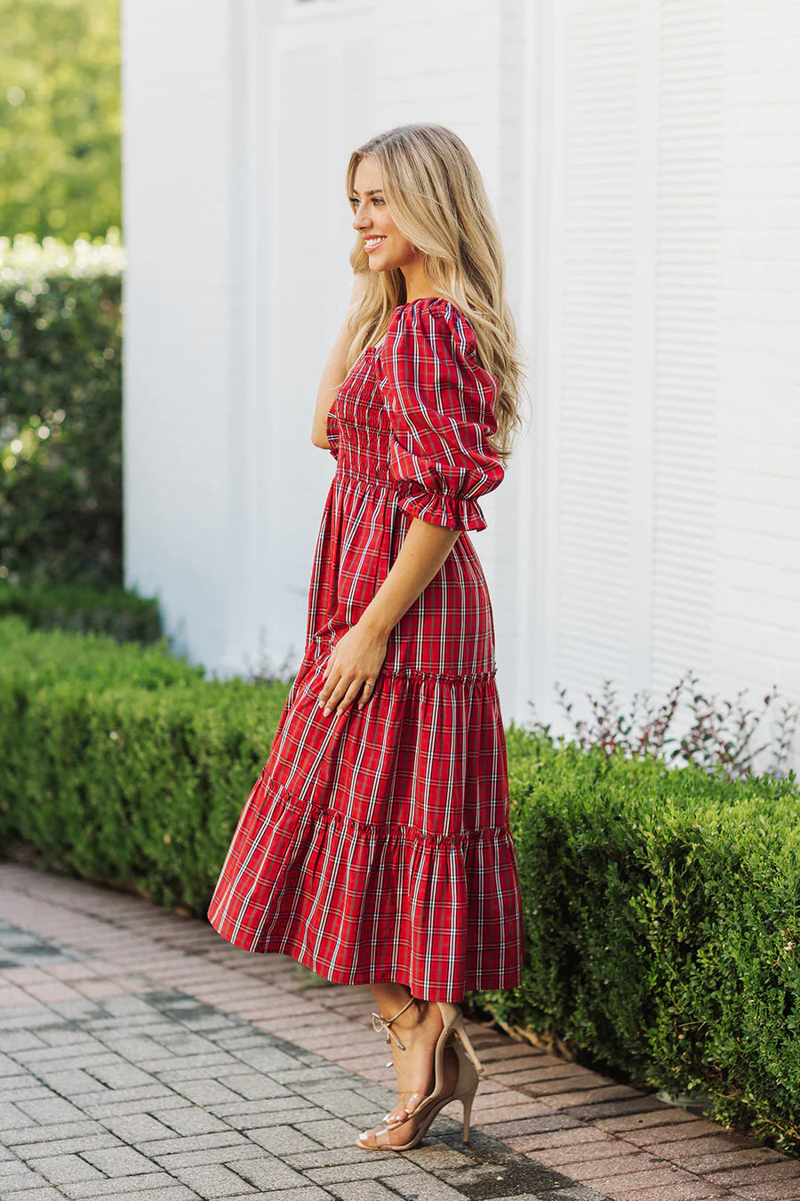 Rayna Square Ruched Midi Dress - Red Gingham