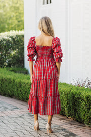 Rayna Square Ruched Midi Dress - Red Gingham