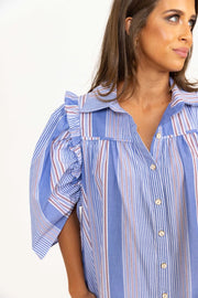 Menswear Stripe Ruffle Dress - Blue