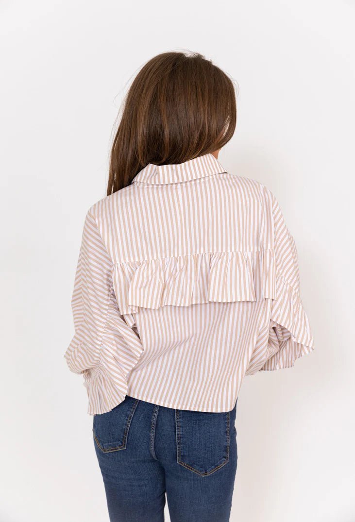 Karlie Stripe Poplin Ruffle Back Button Up Top - Capri by Sunset & Co.