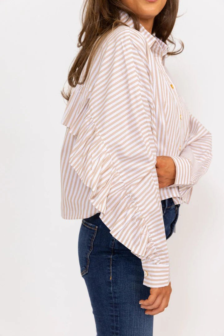 Karlie Stripe Poplin Ruffle Back Button Up Top - Capri by Sunset & Co.