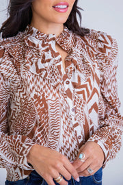 Geo Tribal Button Top - Brown