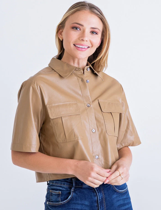 Faux Leather Pocket Camp Shirt - Truffle