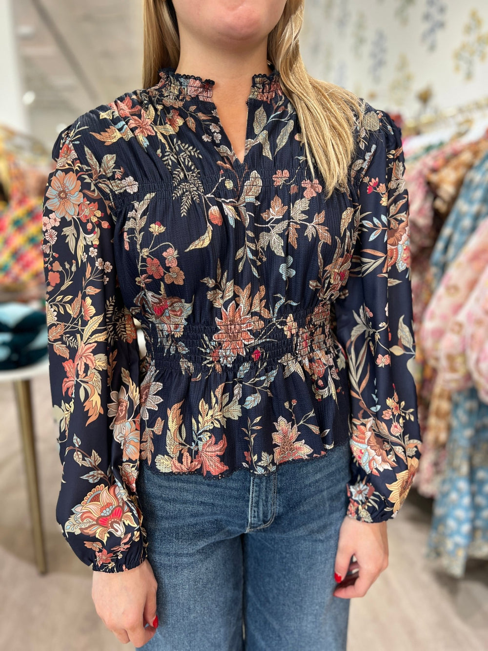 Current Air Long Sleeve Smocked Blouse - Capri by Sunset & Co.