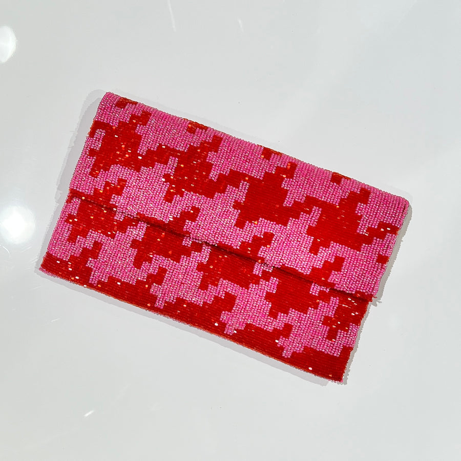 Half Flap Beaded Houndstooth Clutch - Red + Fuchsia