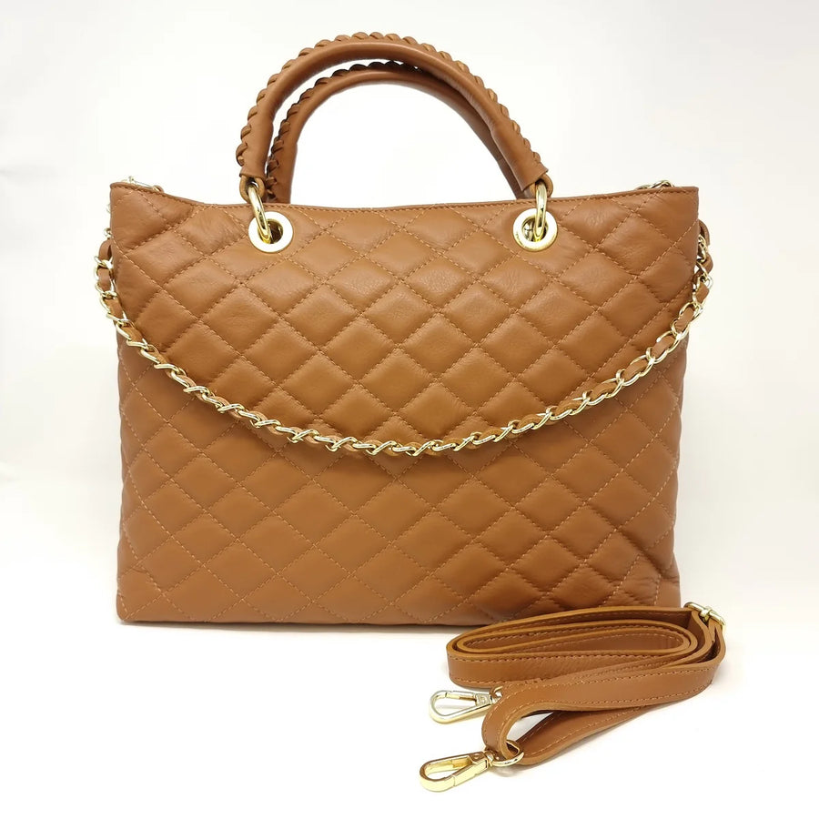 Leather Quilted Big Bag - Camel