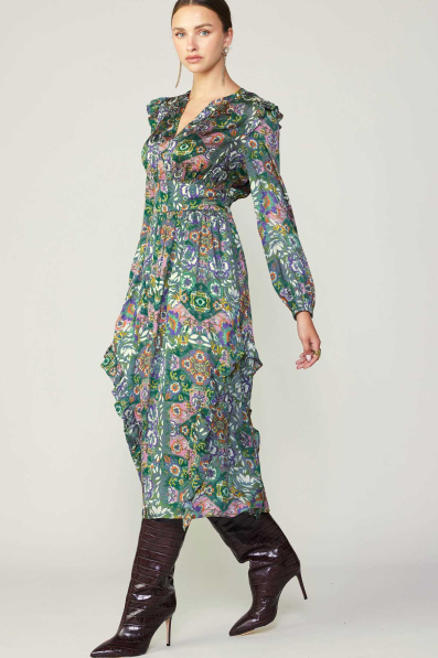 Split Neck Midi Dress with Ruffle - Green Floral