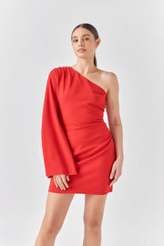 One Shoulder Draped Mini Dress - Red