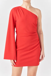 One Shoulder Draped Mini Dress - Red