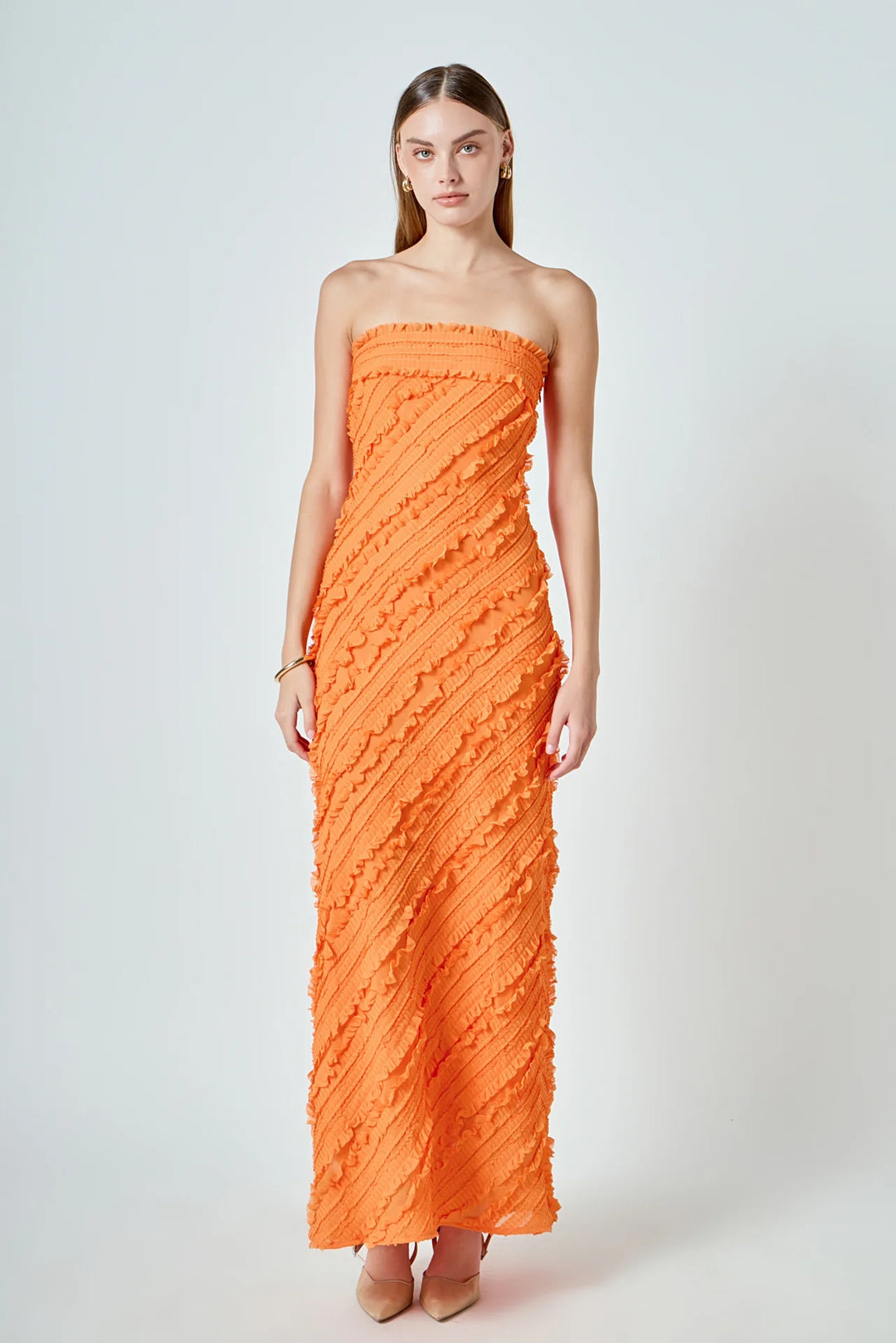 Strapless Ruffled Maxi Dress Orange / XS