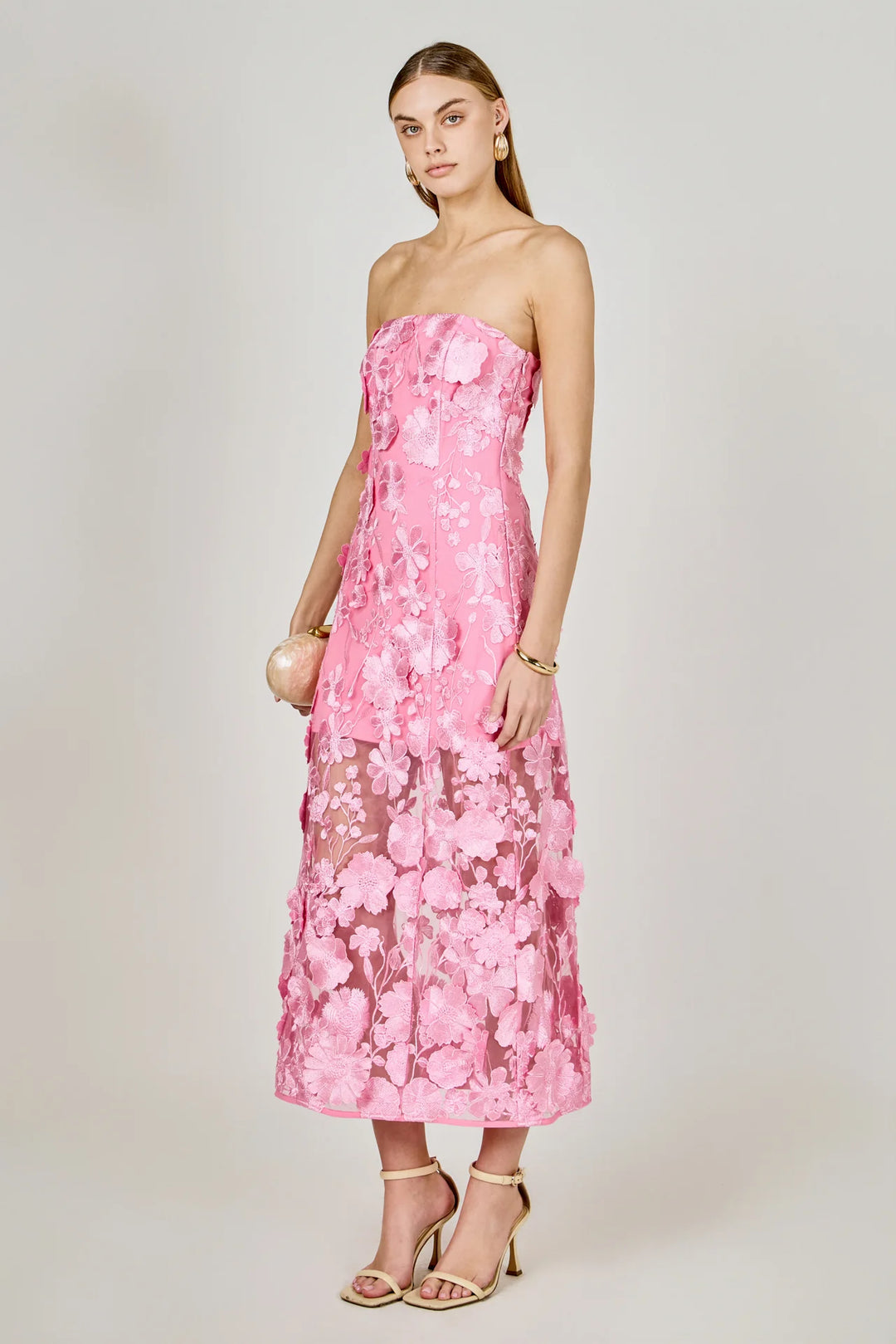 Endless Rose - Strapless Floral Embroidered Maxi Dress PEONY Pink / S Endless Rose - Strapless Floral Embroidered Maxi Dress PEONY Pink / S