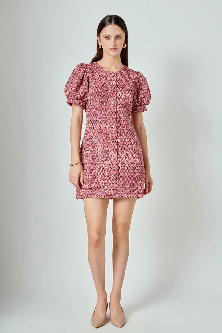 Endless Rose Tweed Puffed Sleeve Mini Dress
