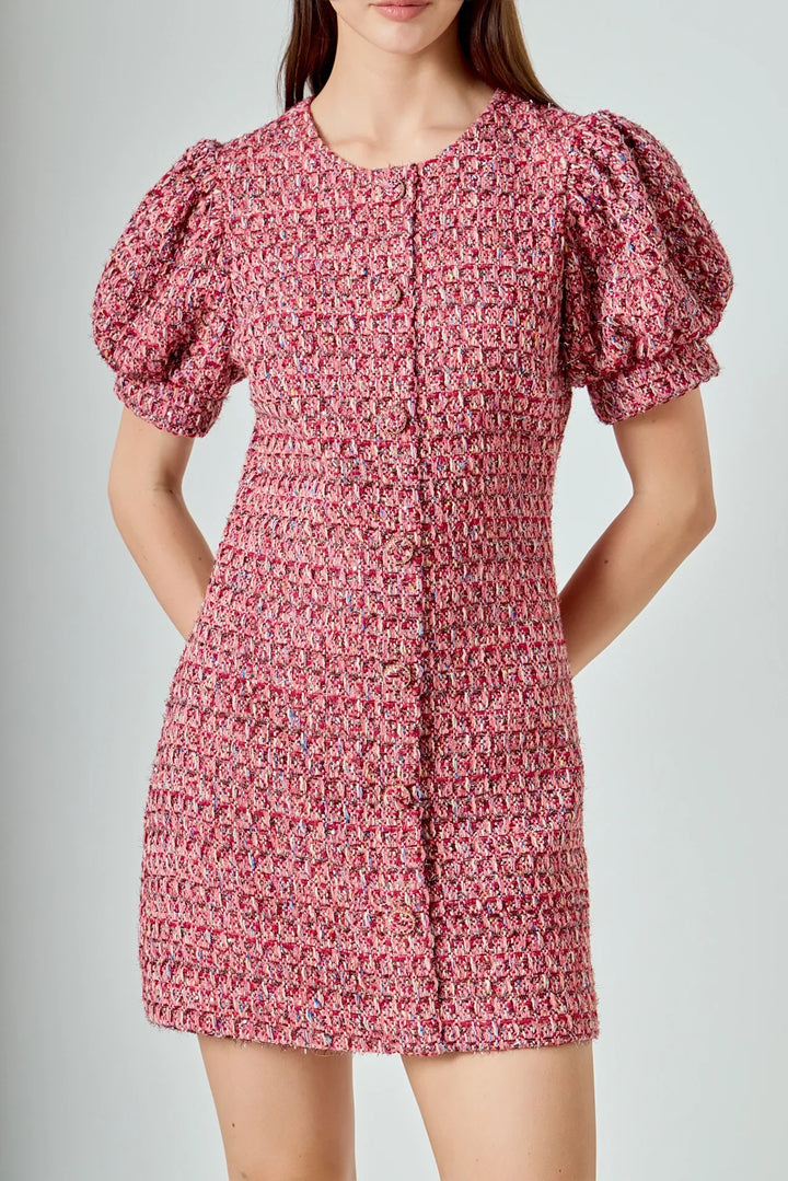 Endless Rose Tweed Puffed Sleeve Mini Dress