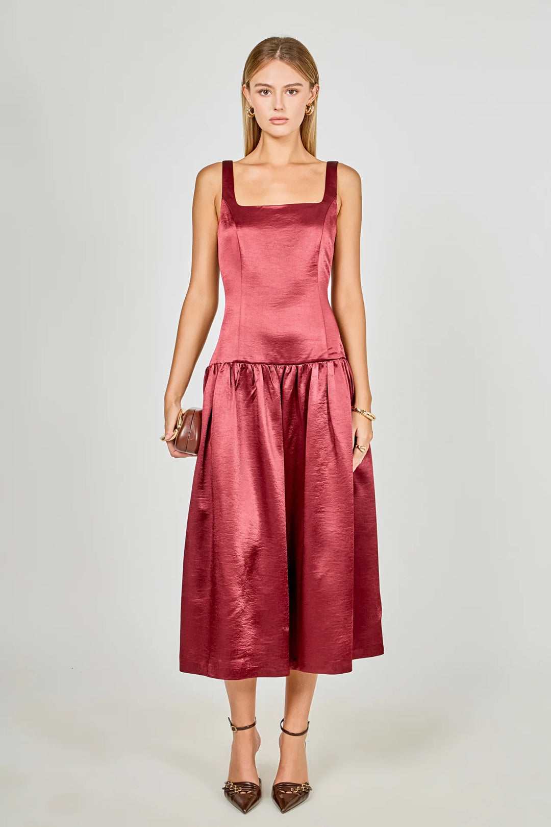 Endless Rose Satin Velvet Drop-Waist Midi Dress