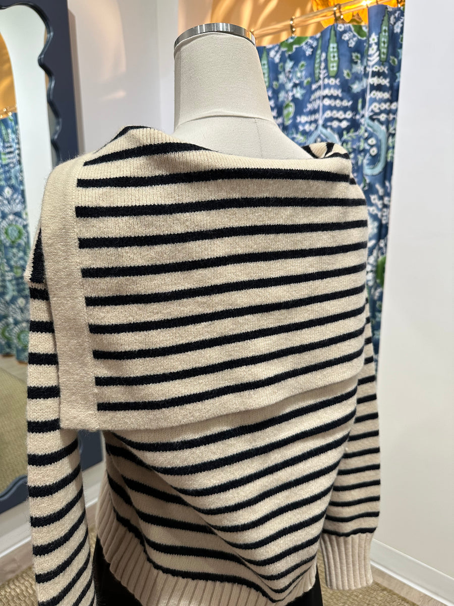 Stripe V Neck Long Sleeve Sweater - Ivory