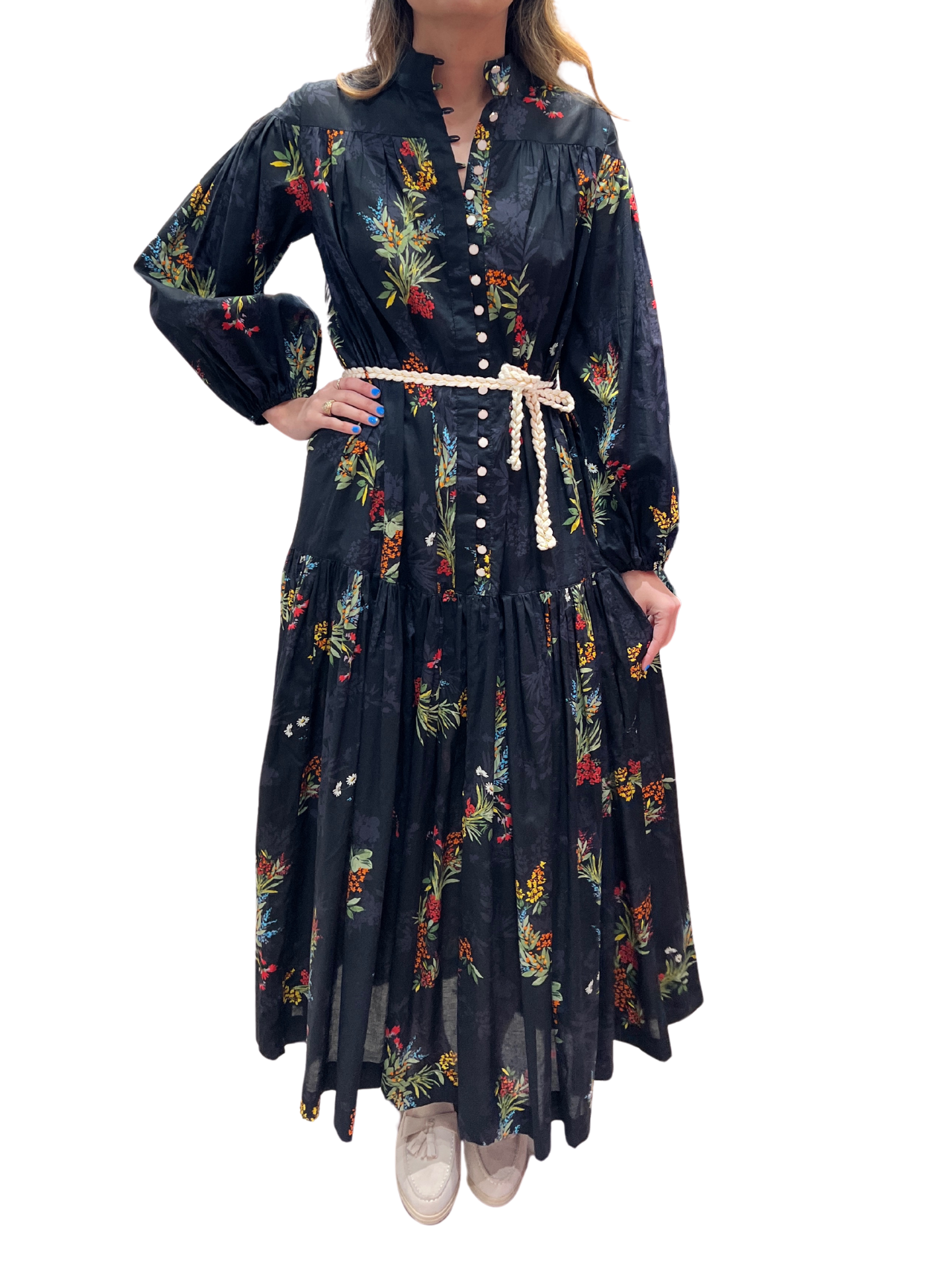 Floral Poplin Tier Maxi Dress - Black
