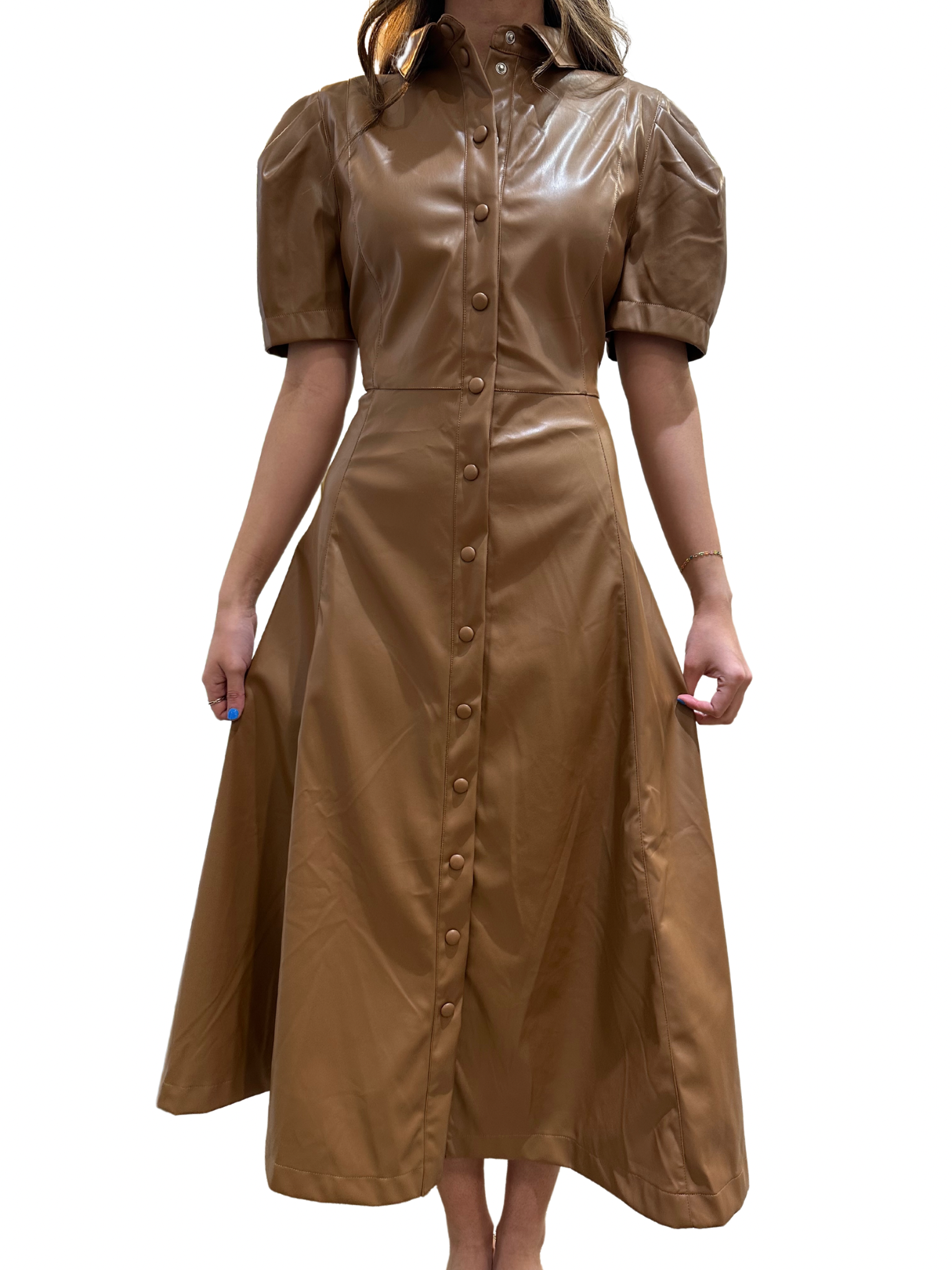 Solid Pleather Midi Dress - Brown