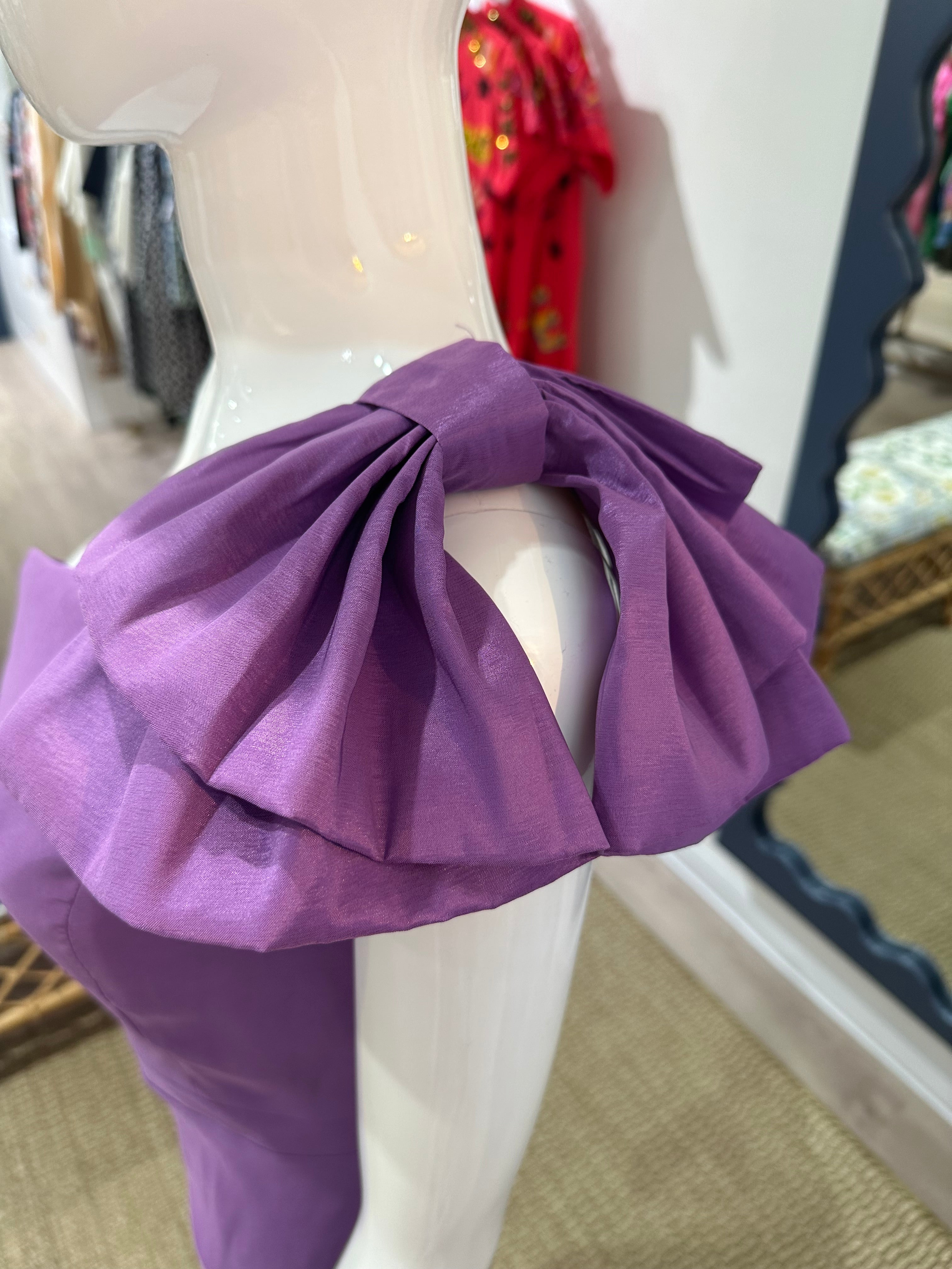 Solid One Shoulder Taffeta Bow Dress - Purple