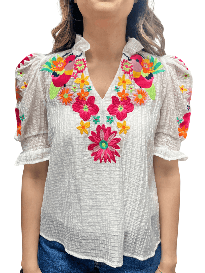 THML Flower Embroidered Top - Capri by Sunset & Co.
