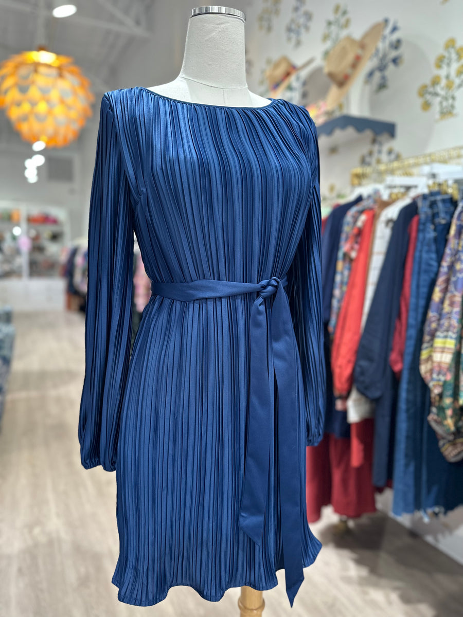 Plisse Bodice Mini Dress - Satin Blue