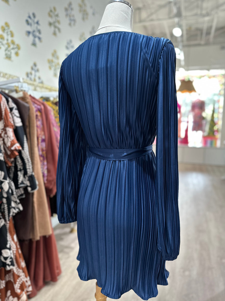 Plisse Bodice Mini Dress - Satin Blue