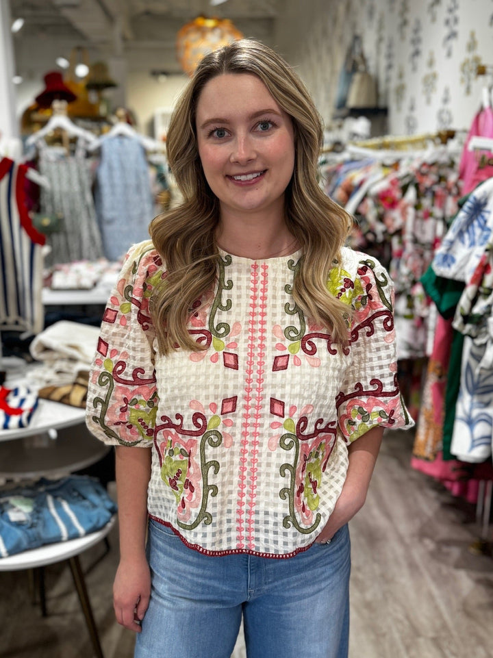 Textured Embroidered Floral Top - Capri by Sunset & Co.