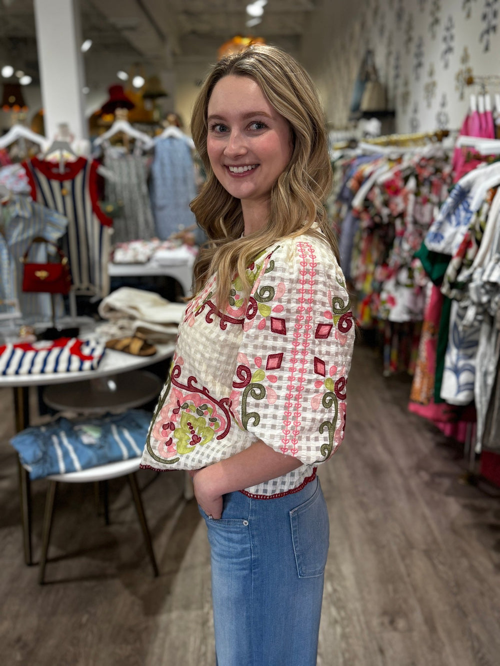 Textured Embroidered Floral Top - Capri by Sunset & Co.