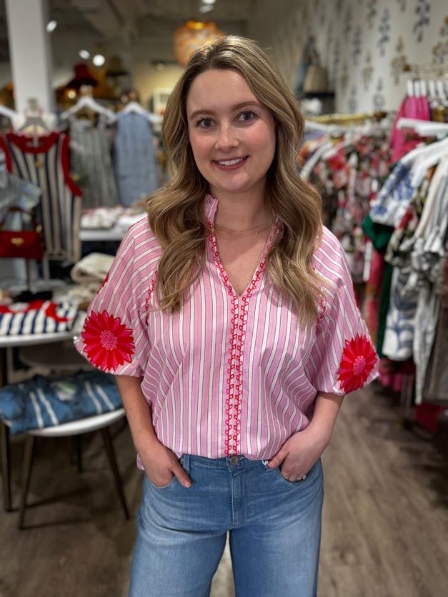 Striped V - Neck Floral Puff Sleeve Top - Capri by Sunset & Co.