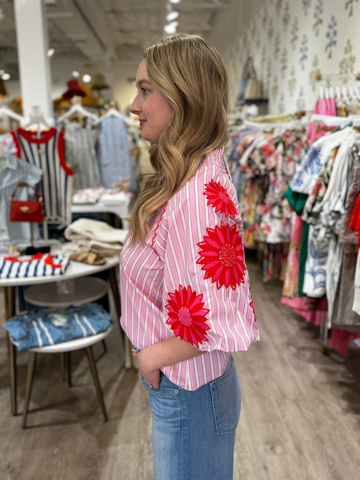 Striped V - Neck Floral Puff Sleeve Top - Capri by Sunset & Co.