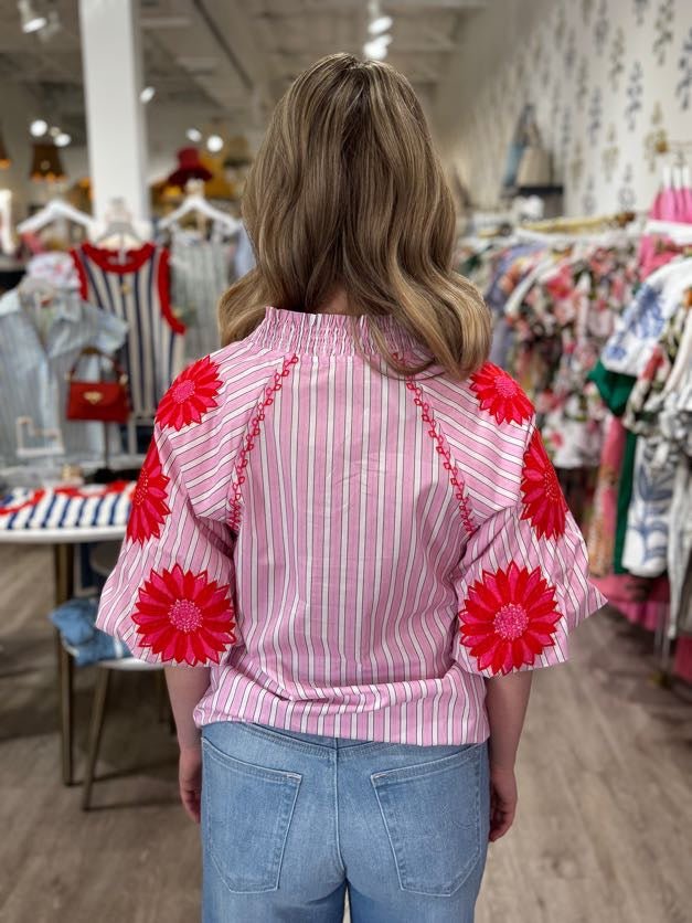 Striped V - Neck Floral Puff Sleeve Top - Capri by Sunset & Co.