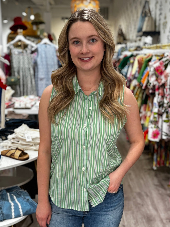 J. Society Sleeveless Button Down Blouse - Capri by Sunset & Co.