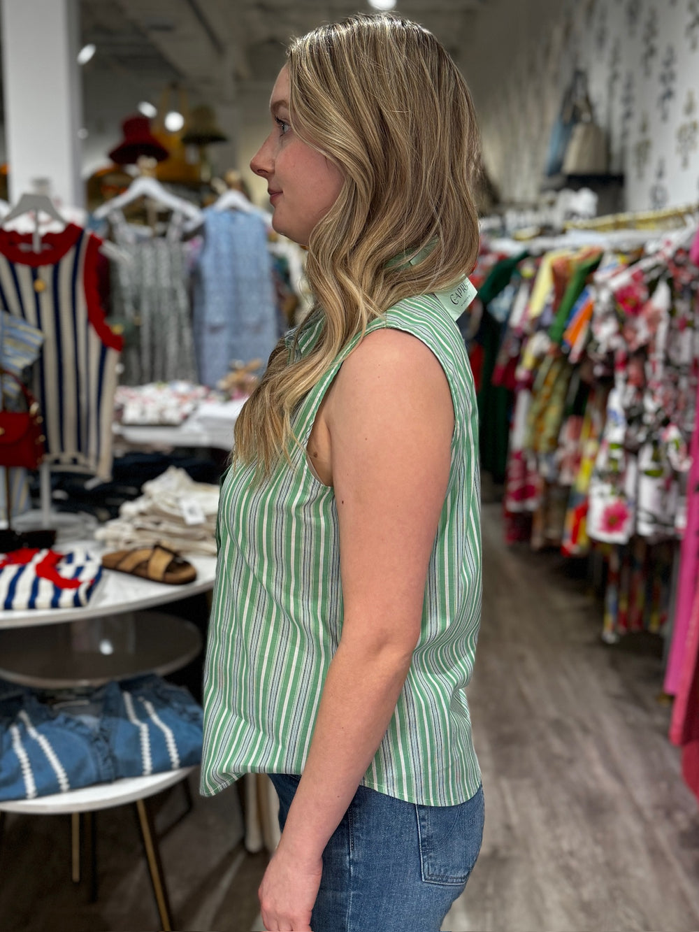 J. Society Sleeveless Button Down Blouse - Capri by Sunset & Co.