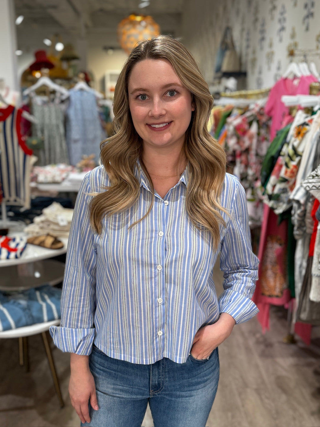 J. Society Cropped Button Down Blouse - Capri by Sunset & Co.