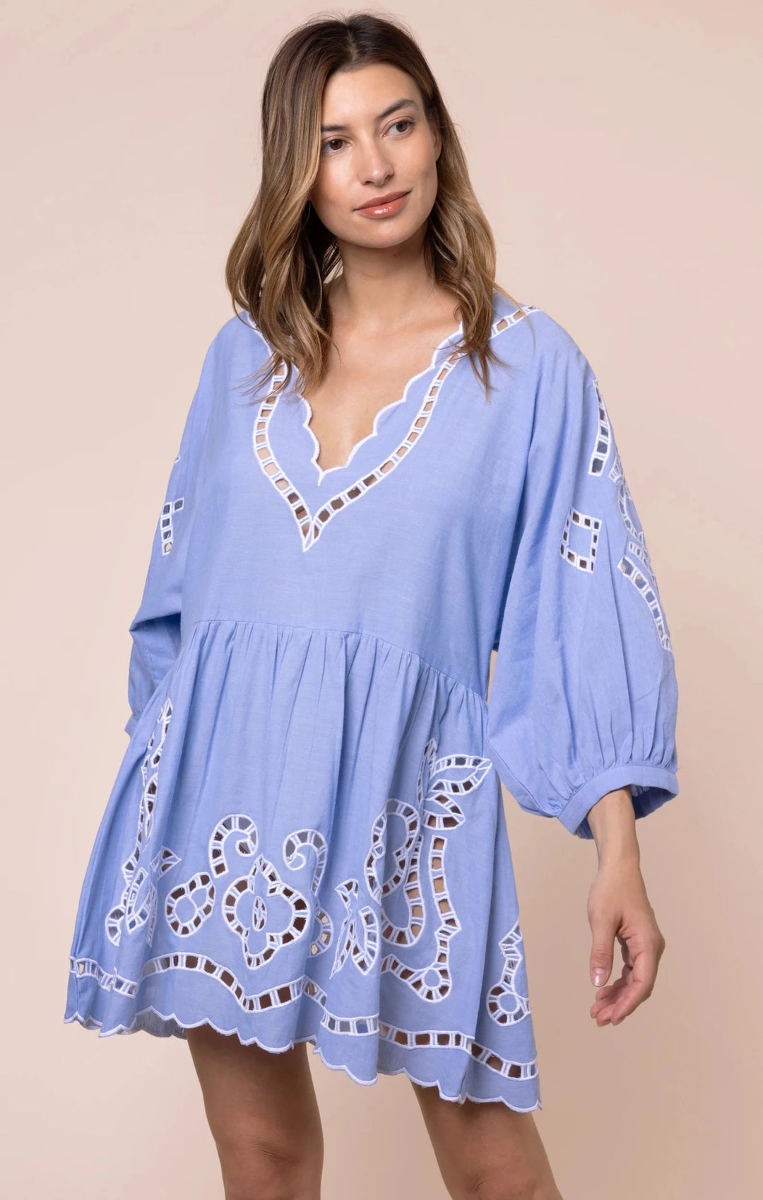 juliet dunn blue dress Floral scalloped cotton minidress in blue - Juliet Dunn