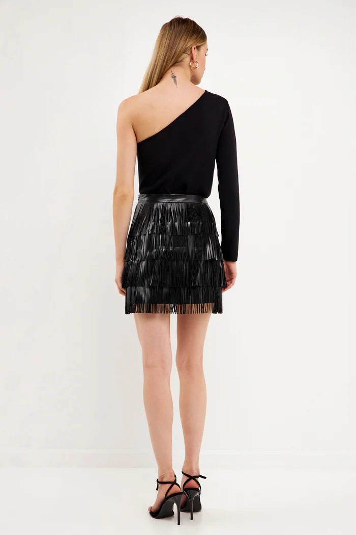 Leather Fringe Mini Skirt - Black