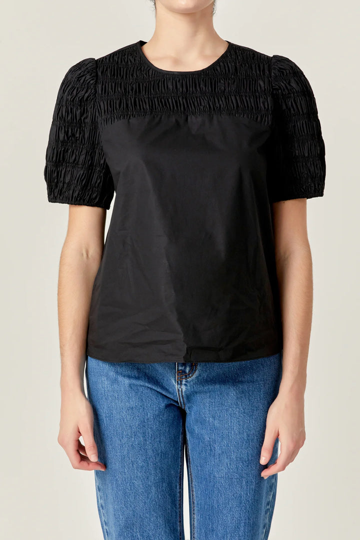 English Factory Front Cut-Out Smocked Top