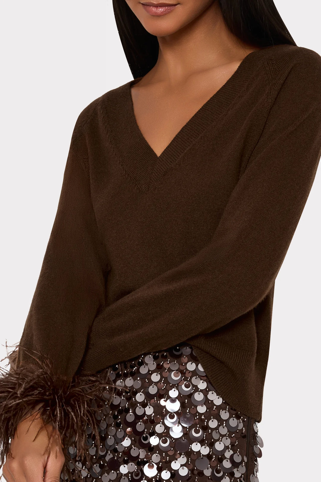 Milly Feather Cuff V-Neck Sweater